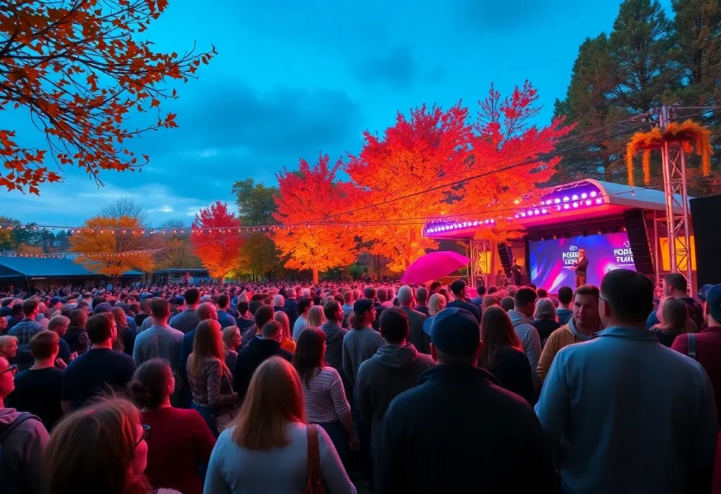 Crowd enjoying a live concert during autumn in Huntsville.
