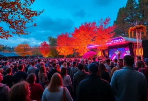 Crowd enjoying a live concert during autumn in Huntsville.