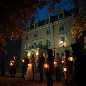 A group of people on the Huntsville Ghost Walk at night