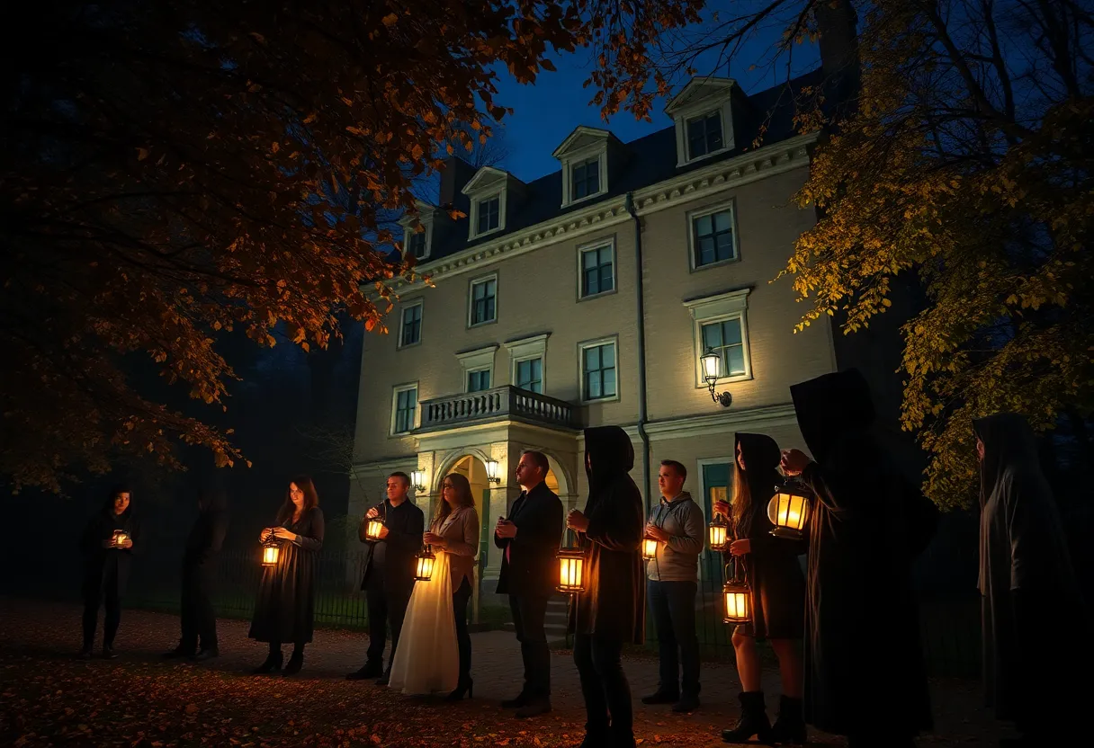 A group of people on the Huntsville Ghost Walk at night
