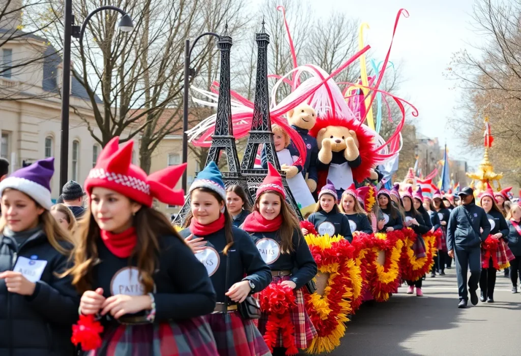 Parade celebrating Huntsville ISD homecoming with Paris theme