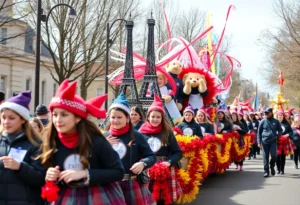 Parade celebrating Huntsville ISD homecoming with Paris theme