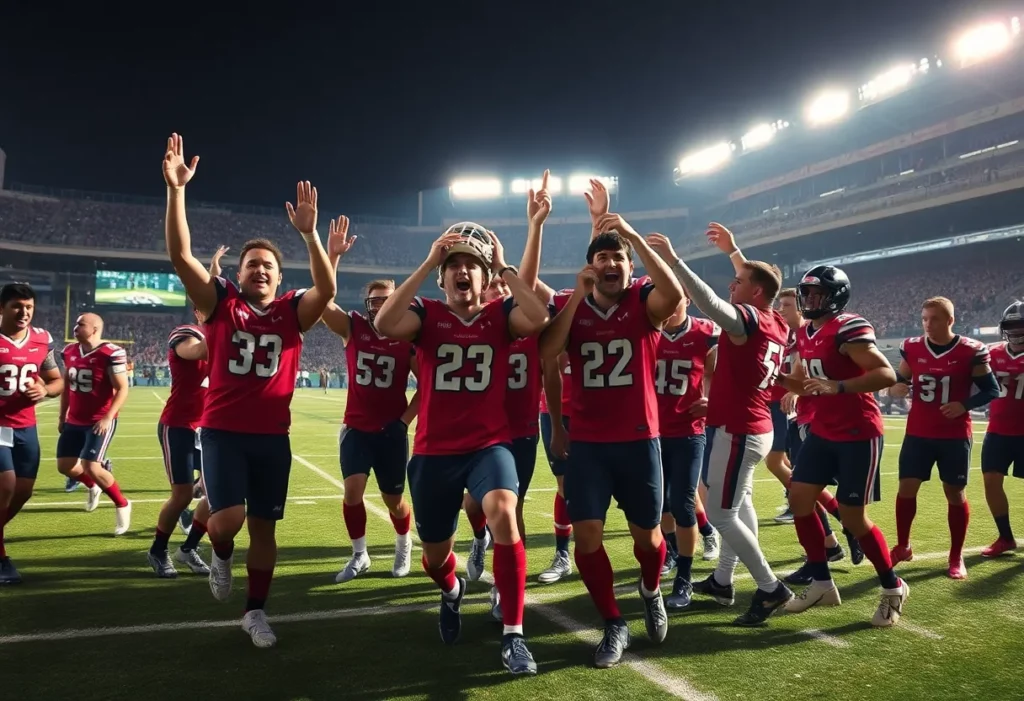 Huntsville Hornets team celebrating victory on the football field.