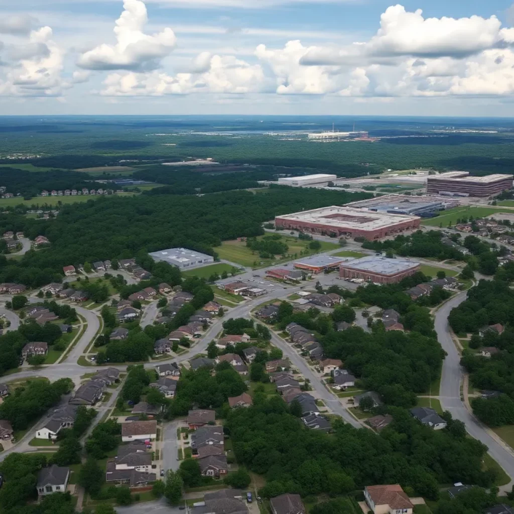 Aerial view of Huntsville housing with Redstone Arsenal.