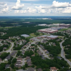 Aerial view of Huntsville housing with Redstone Arsenal.
