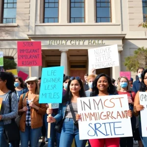 Protesters advocating for immigrant rights at Huntsville City Hall