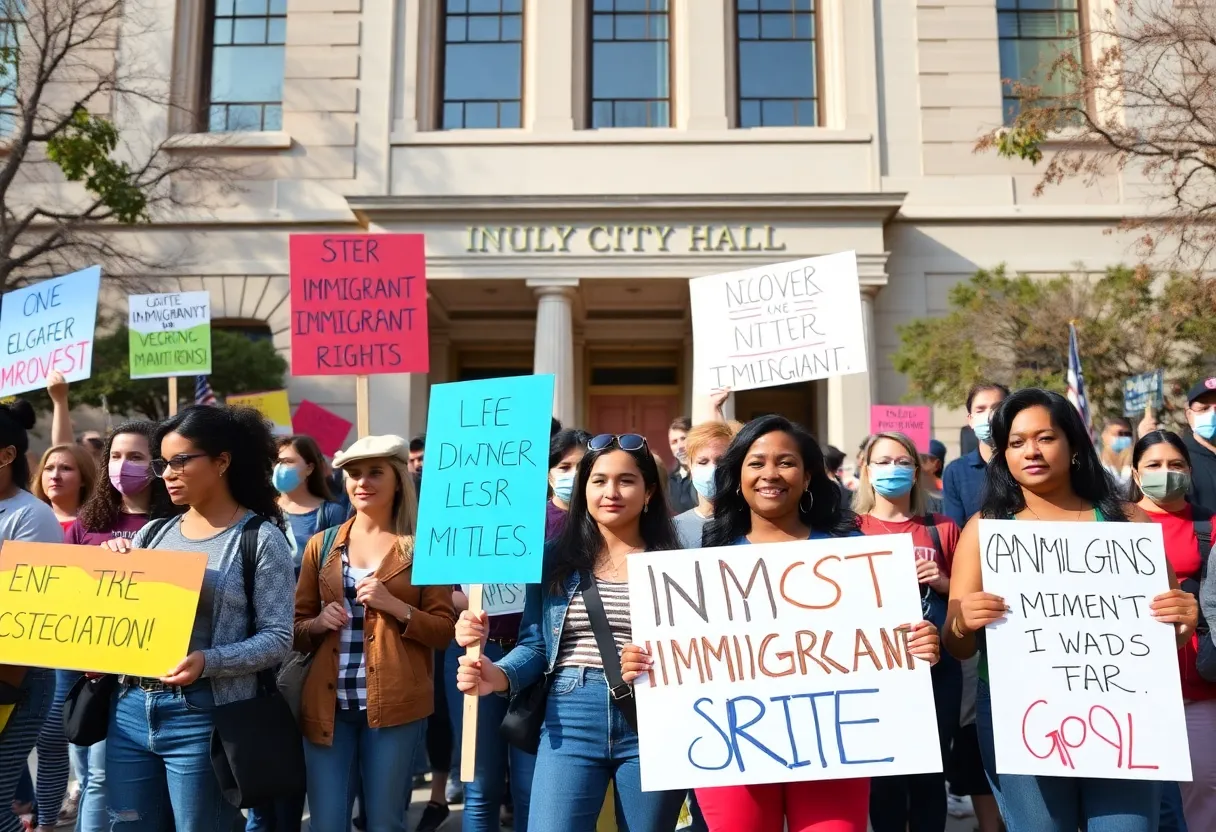 Protesters advocating for immigrant rights at Huntsville City Hall