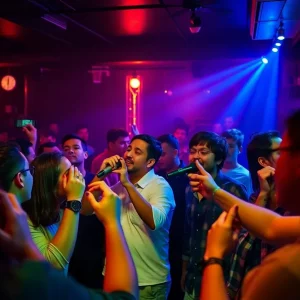 A lively karaoke night scene in Huntsville, with singers and an enthusiastic audience.