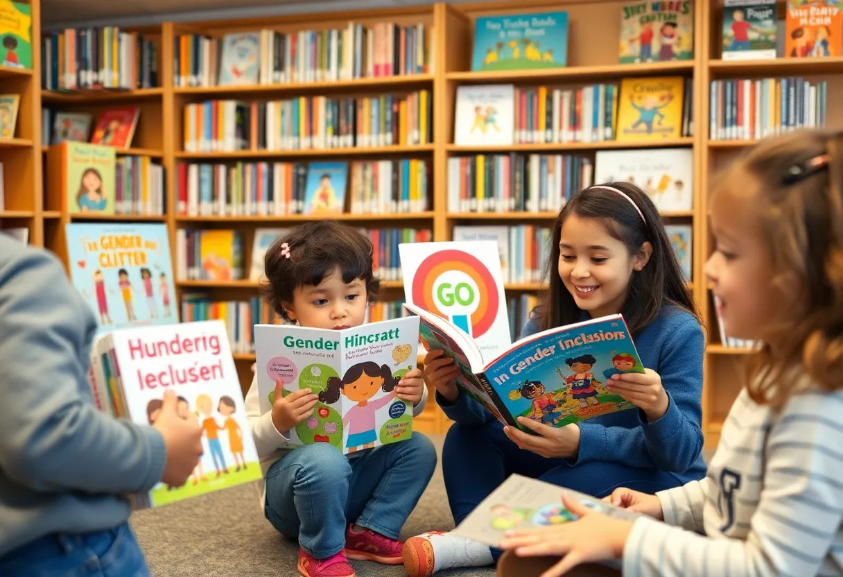 Children reading books about gender diversity in a library