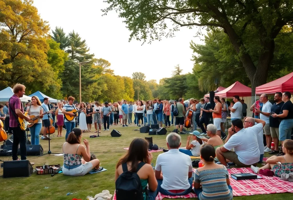 Outdoor festival during Huntsville Music Month with diverse musicians performing.