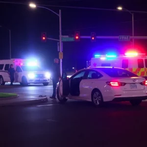 Car accident at an intersection in Huntsville with police officers present.