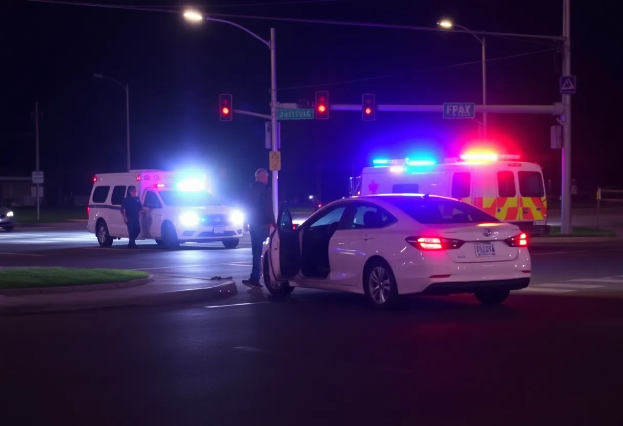 Car accident at an intersection in Huntsville with police officers present.