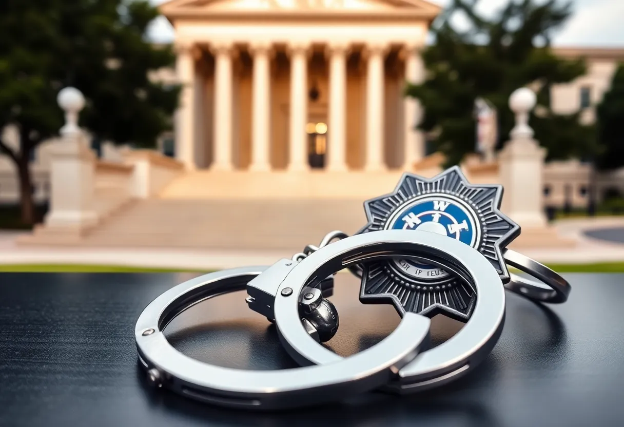 Police badge and handcuffs representing legal justice