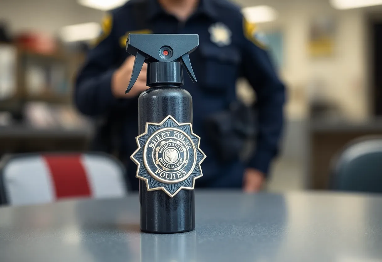 Huntsville police badge next to a defensive spray canister