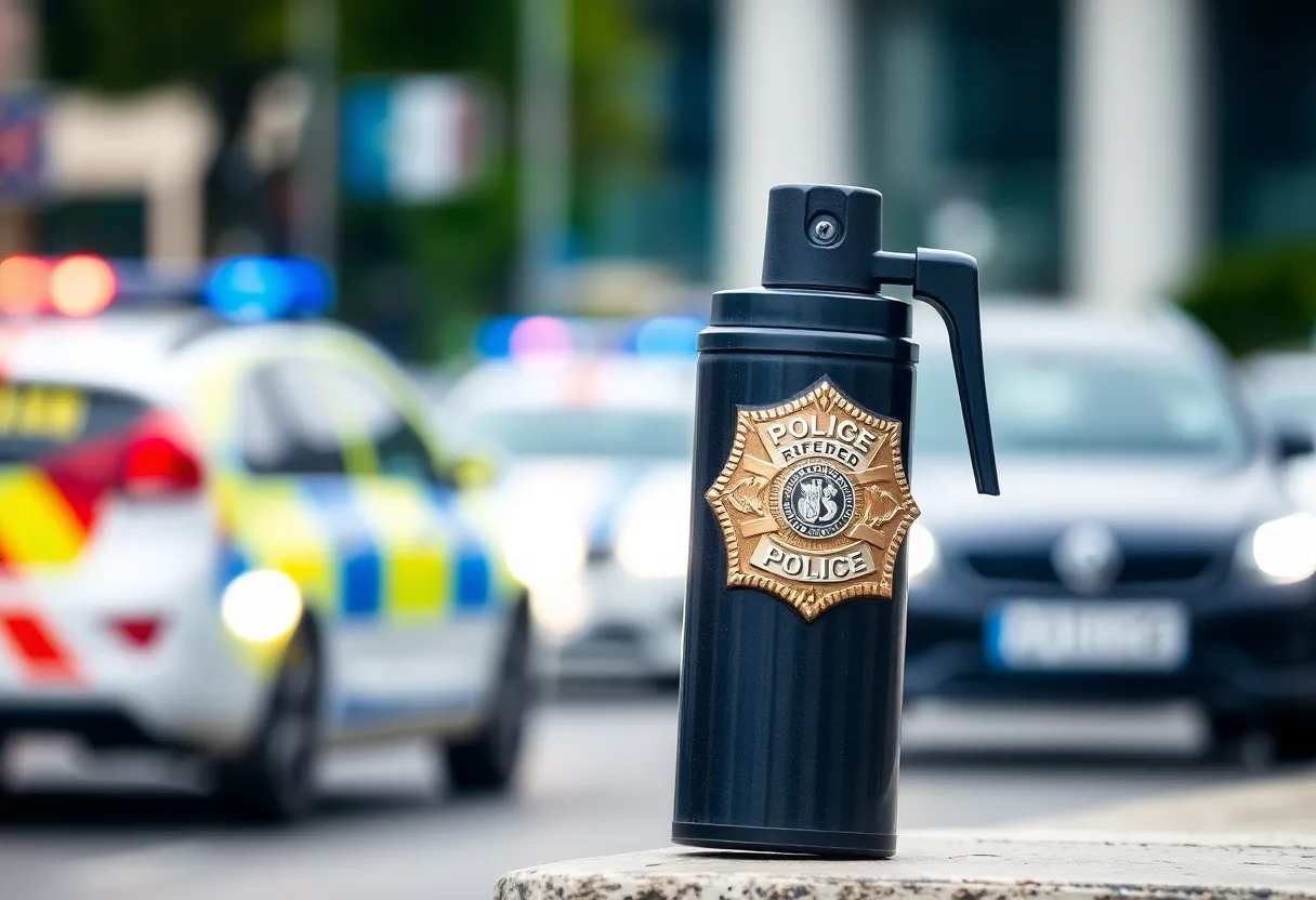 Huntsville police badge with a defensive spray canister