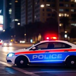 Police car with emergency lights on in an urban environment