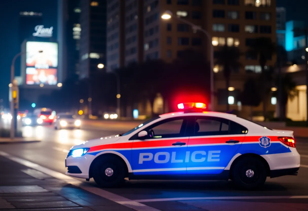 Police car with emergency lights on in an urban environment