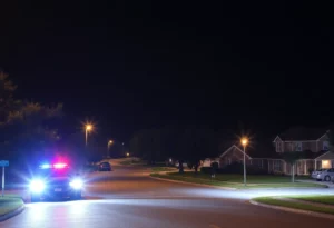 Police lights in a Huntsville neighborhood at night