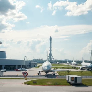 Illustration of Huntsville spaceport with vehicles and infrastructure