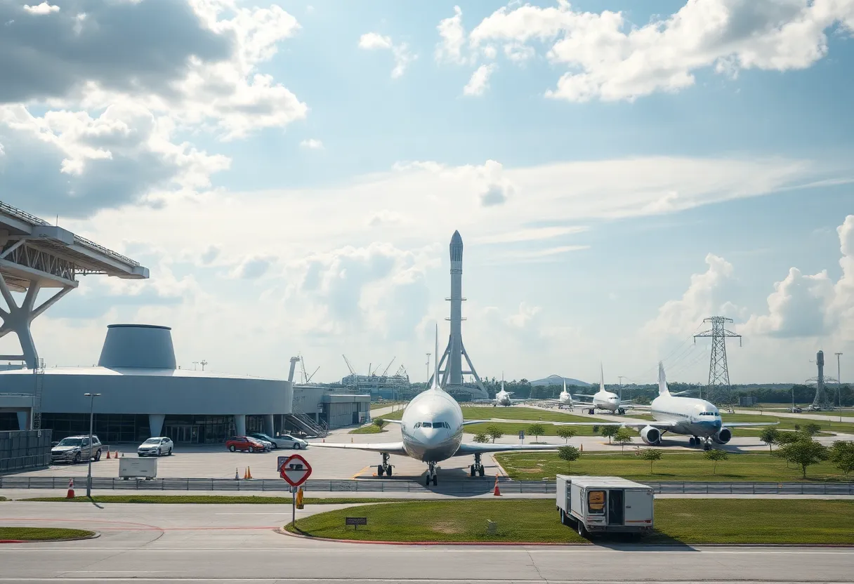 Illustration of Huntsville spaceport with vehicles and infrastructure