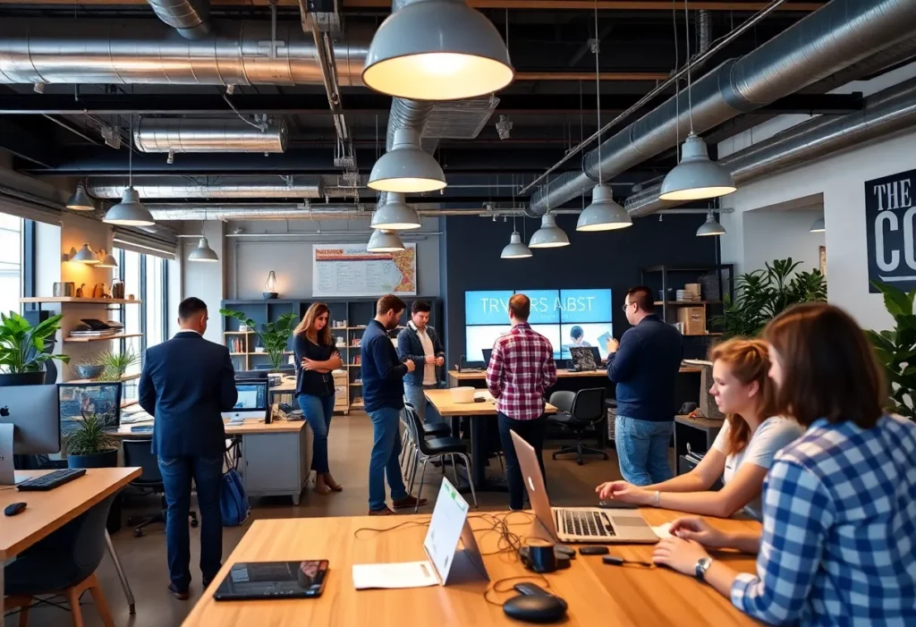 Entrepreneurs collaborating in a startup space in Huntsville