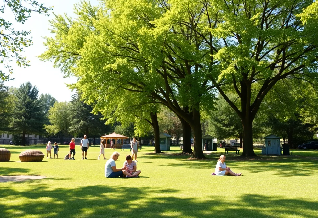 A sunny day in Huntsville with people enjoying the weather in a park.
