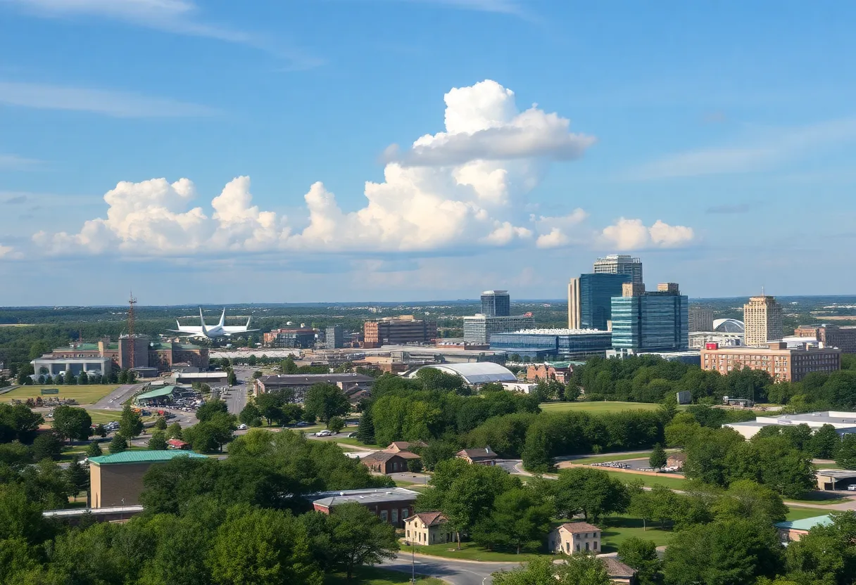 Aerial view of Huntsville, Alabama showcasing aerospace and defense installations.