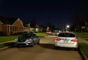 A quiet Huntsville residential neighborhood focusing on parked vehicles emphasizing community vehicle security.