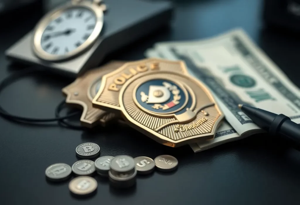 Symbolizing accountability in law enforcement with a police badge and money.