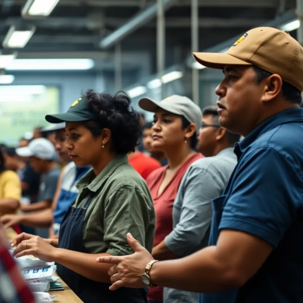 Workers at a factory during an immigration enforcement raid