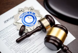 Police badge and gavel on legal documents