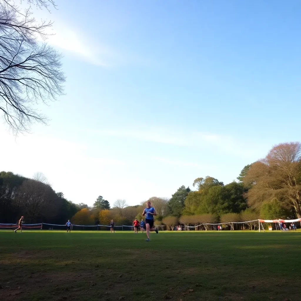 Running athletes competing in a cross country race