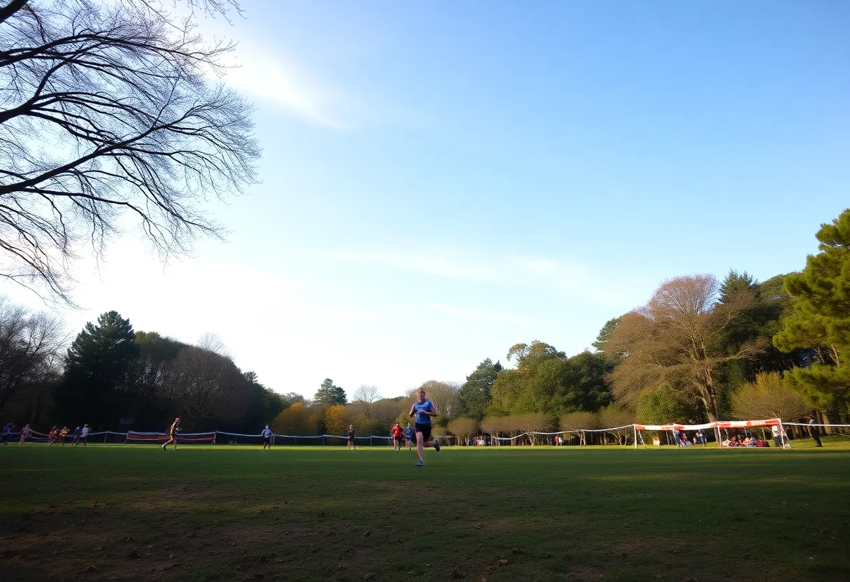 Running athletes competing in a cross country race