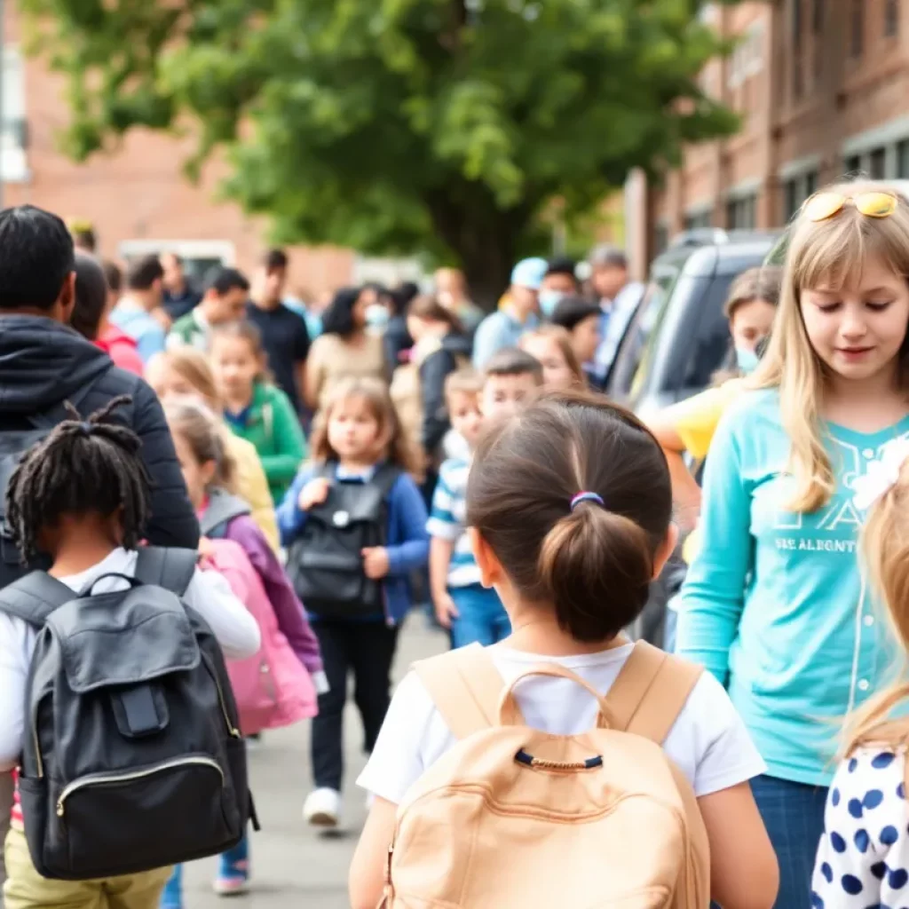 A school pickup area with parents and children, highlighting safety issues.