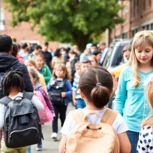 A school pickup area with parents and children, highlighting safety issues.
