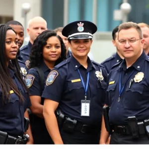 Law enforcement officers visibly displaying badges in a community
