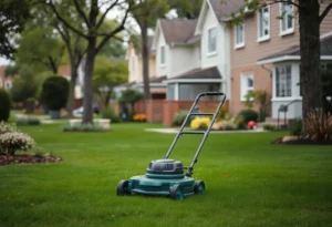 Scene of a lawn maintenance area in Tuscaloosa, conveying a somber atmosphere