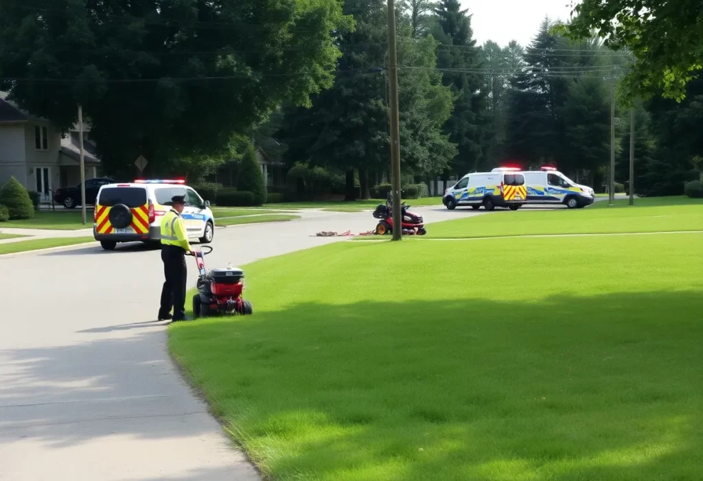Emergency response at the scene of a lawn equipment operation.
