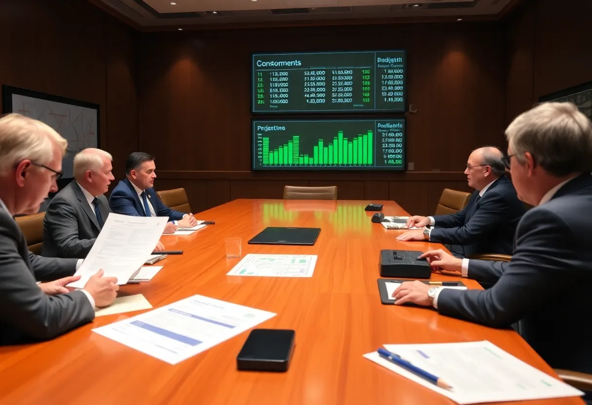 Officials discussing the Madison County budget in a meeting room.