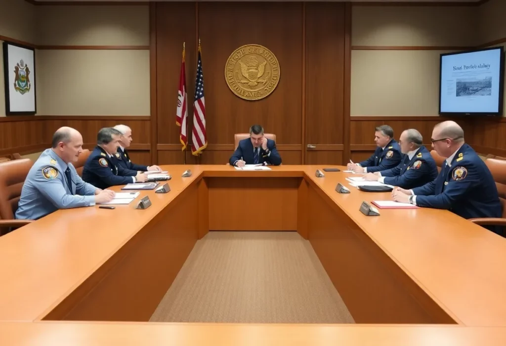 A setup for a government board meeting discussing salary adjustments.