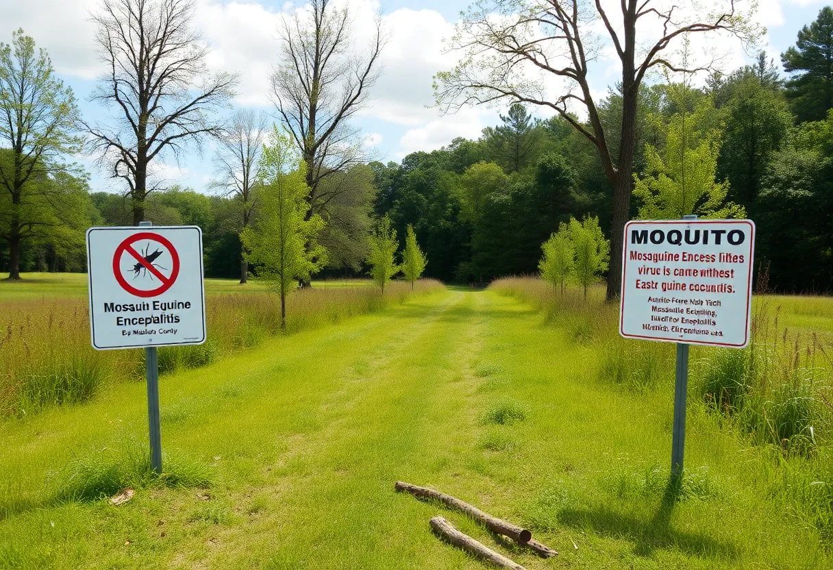 Public health signage in Madison County regarding mosquito control for EEE prevention.