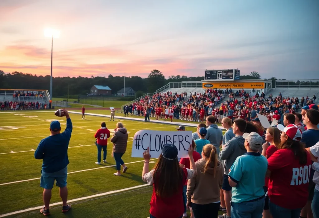 A high school football game at Madison County High School with cheering students and bright field lights.