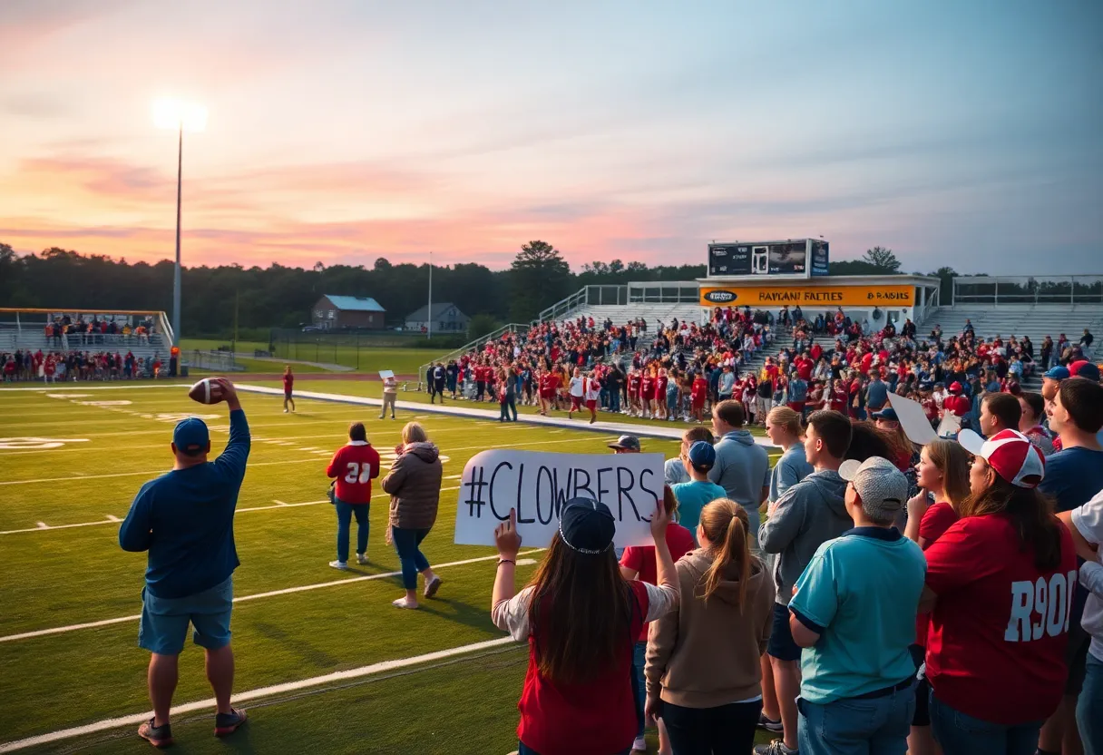 A high school football game at Madison County High School with cheering students and bright field lights.