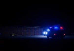 Utility truck near Madison County Jail at night