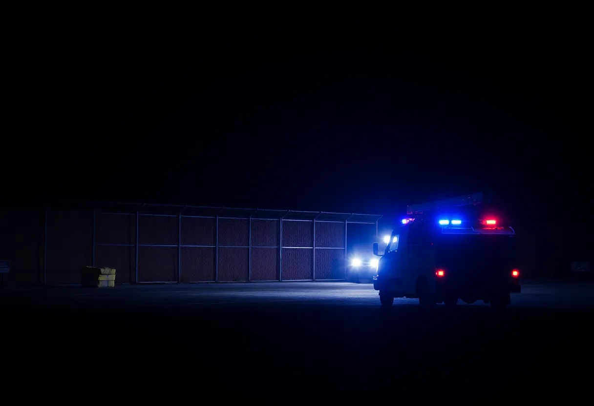 Utility truck near Madison County Jail at night