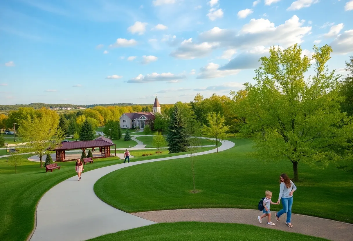 A scenic view of Madison County, Alabama with parks and families.