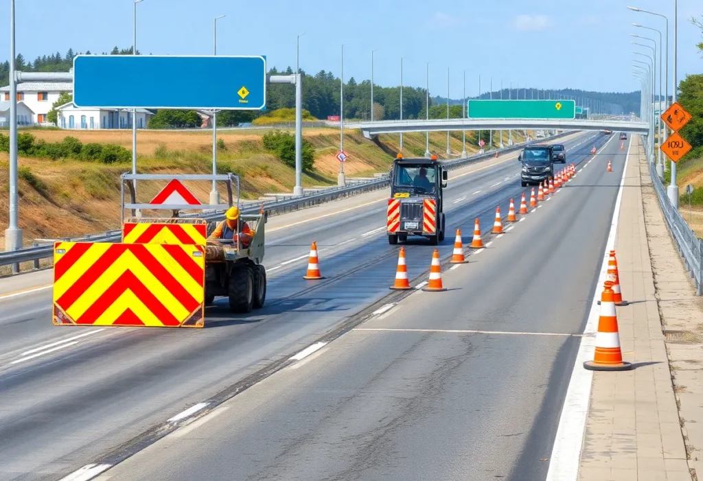 Construction workers conducting pavement repairs on Illinois 159