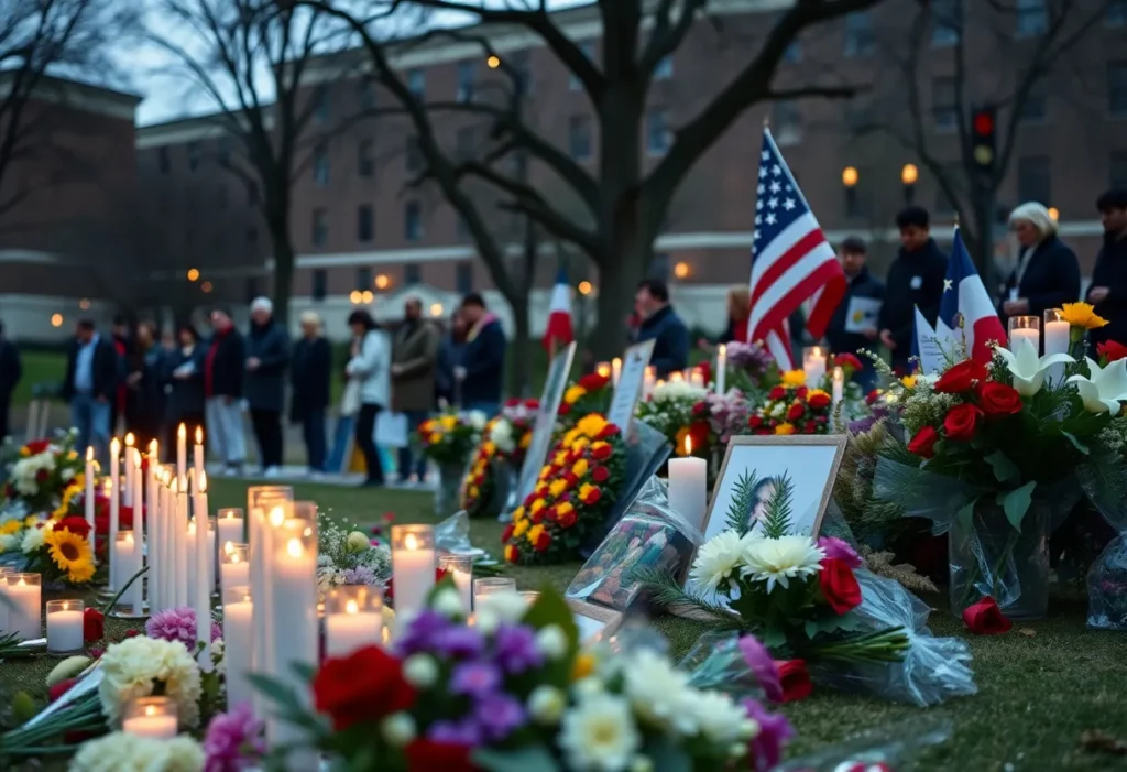 Memorial scene for a public figure with flowers and candles