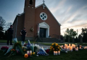 Memorial at the site of the Michigan church shooting with flowers and candles.
