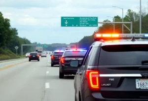 Police vehicles on the side of I-565 in Huntsville, Alabama